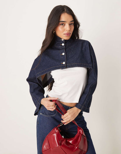 Denim Cropped Funnel Neck Jacket Indigo