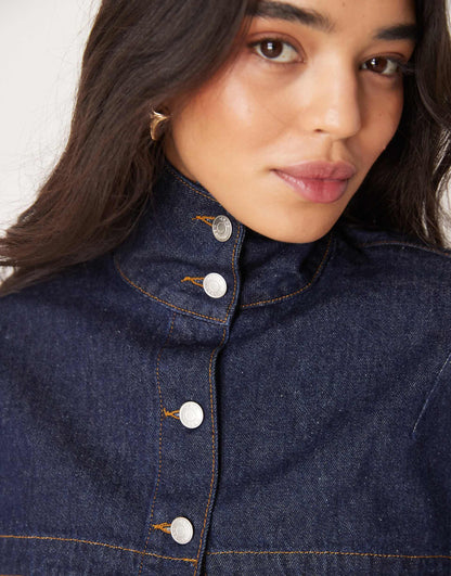 Denim Cropped Funnel Neck Jacket Indigo