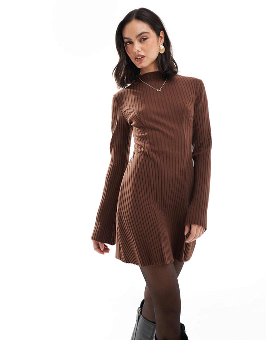 Wide Rib Long Sleeve Waisted Mini Sweat Dress