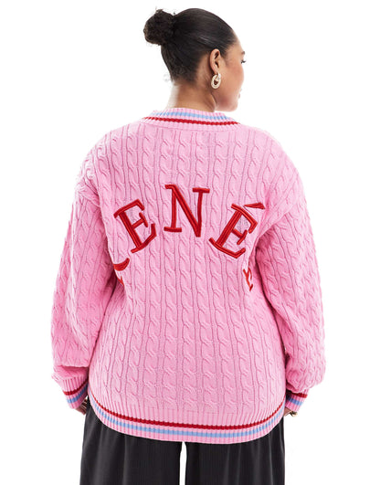 Exclusive V Neck Cable Knit Embroidered Logo Jumper