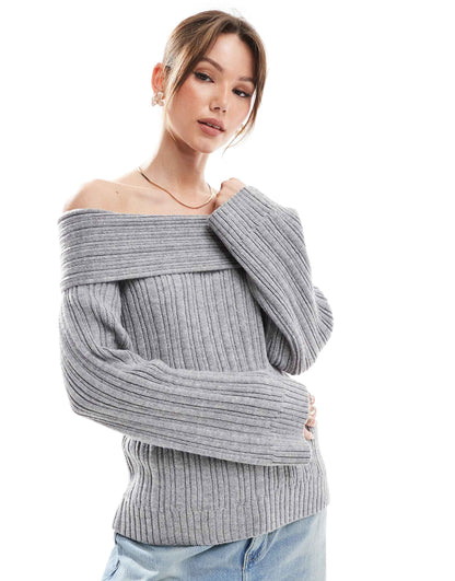 Off Shoulder Ribbed Knit  Wide Sleeve Jumper