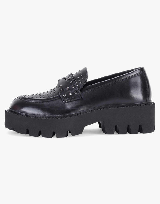 Compton' Stylish Block Heel Black Leather Loafer Shoes