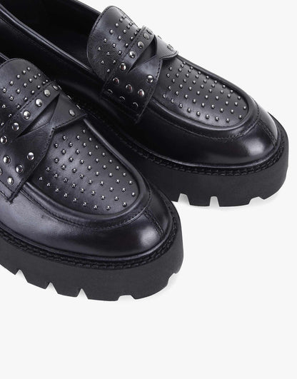Compton' Stylish Block Heel Black Leather Loafer Shoes