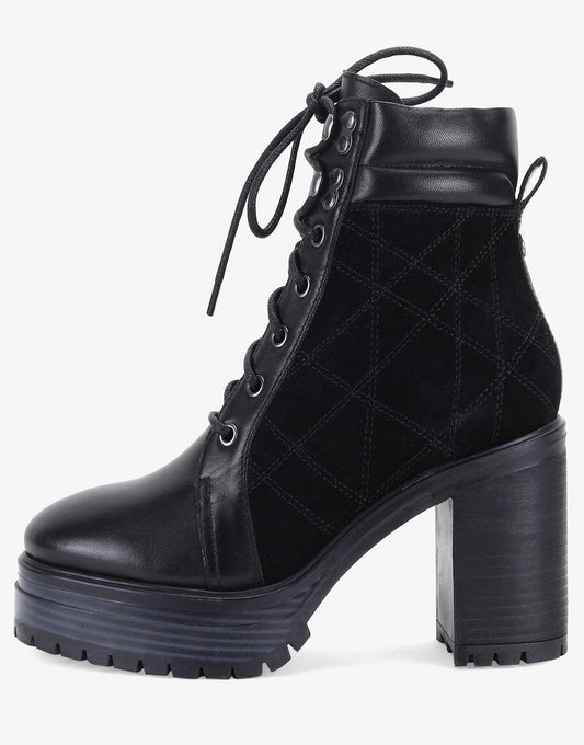Hale' Rona Black High- Block Heel Lace-Up Leather Boots