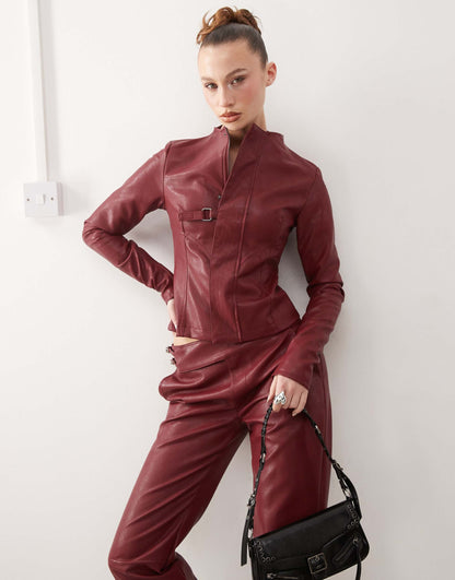 High Neck Fitted Faux Leather Jacket