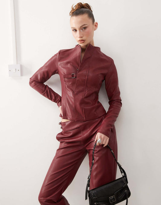 High Neck Fitted Faux Leather Jacket