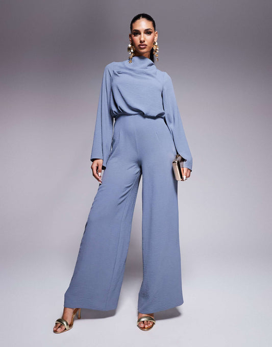 Cowl Neck Long Sleeve Jumpsuit With Open Back