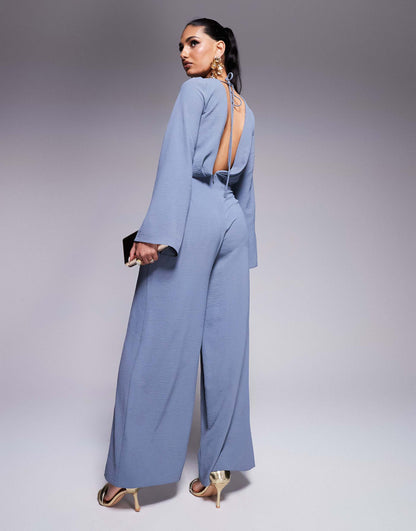 Cowl Neck Long Sleeve Jumpsuit With Open Back