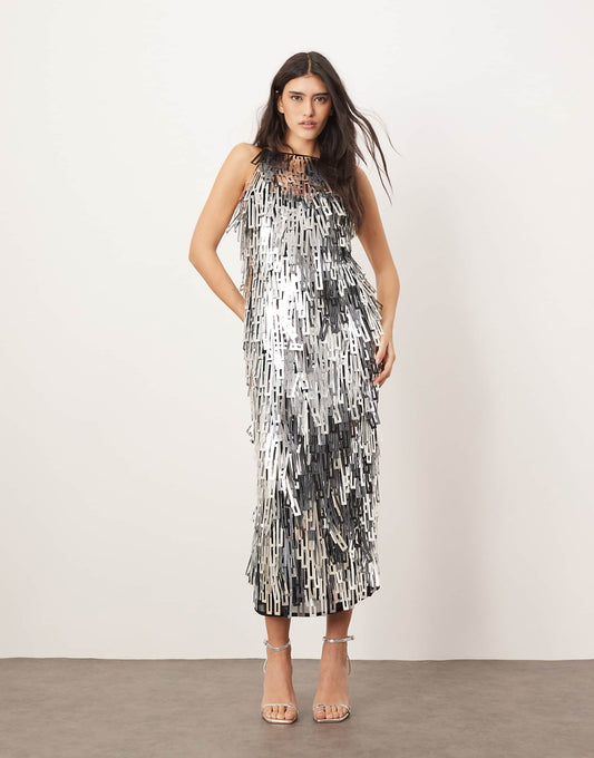 Geo Shard Sequin Low Back Column Midi Dress