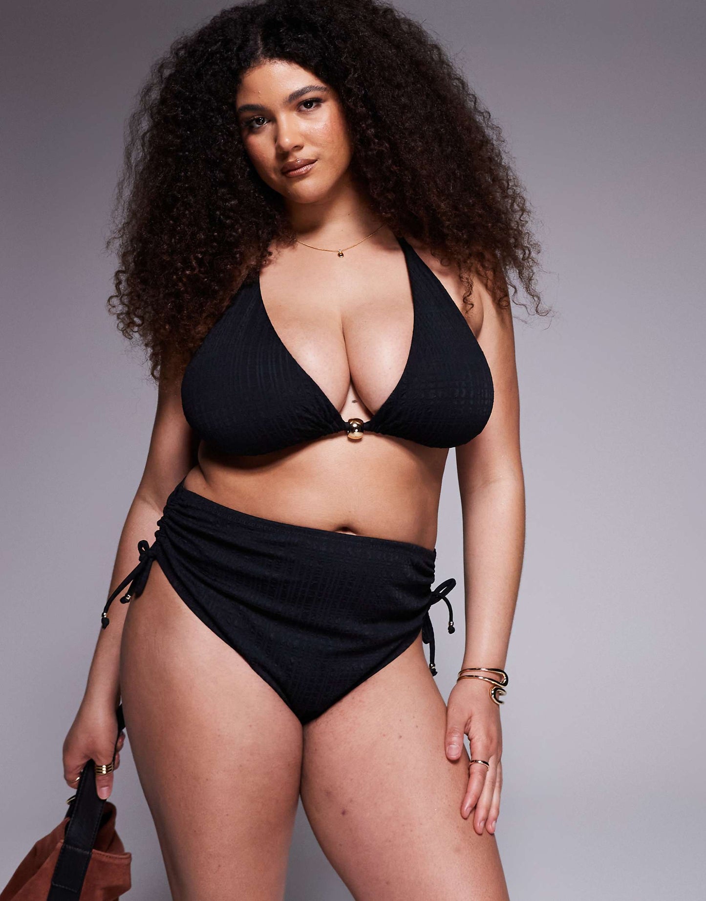 Curve Tayla High Leg High Waist Bikini Bottom With Gold Bead Trim