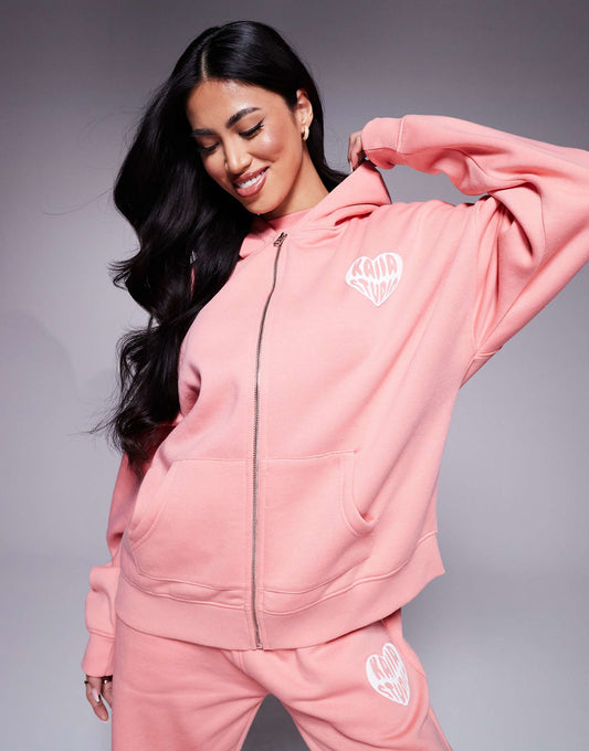 Contrast Heart Logo Oversized Zip Through Hoodie Co-Ord