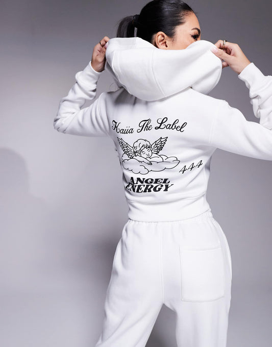 Angel Energy Cherub Back Print Cropped Zip Up Hoodie Co-Ord