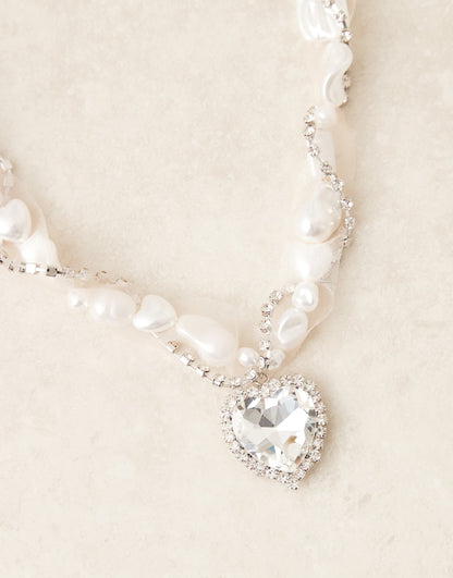 Necklace With Mixed Faux Pearl Organza And Heart Crystal Detail To Silver Tone