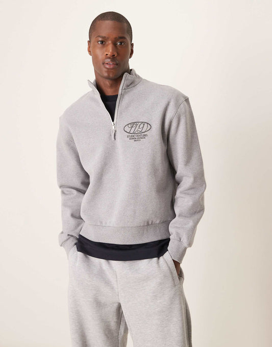 Premium Heavyweight Boxy Oversized Quarter Zip Sweatshirt 400Gsm With Tonal Print