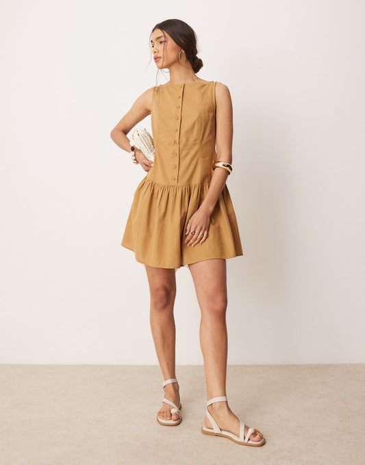 Slash Neck Button Down Dropped Waist Mini Dress