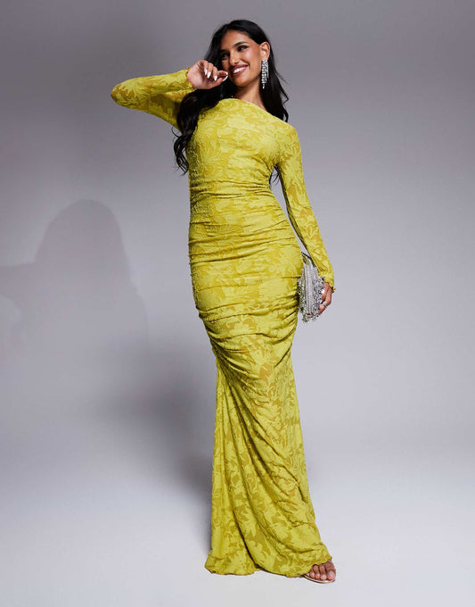 Devore Long Sleeve Ruched Midi Dress