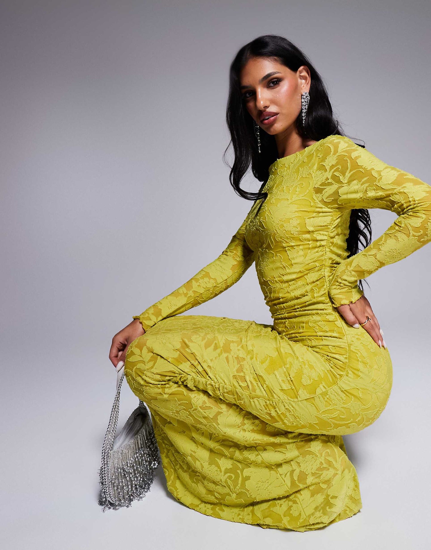 Devore Long Sleeve Ruched Midi Dress