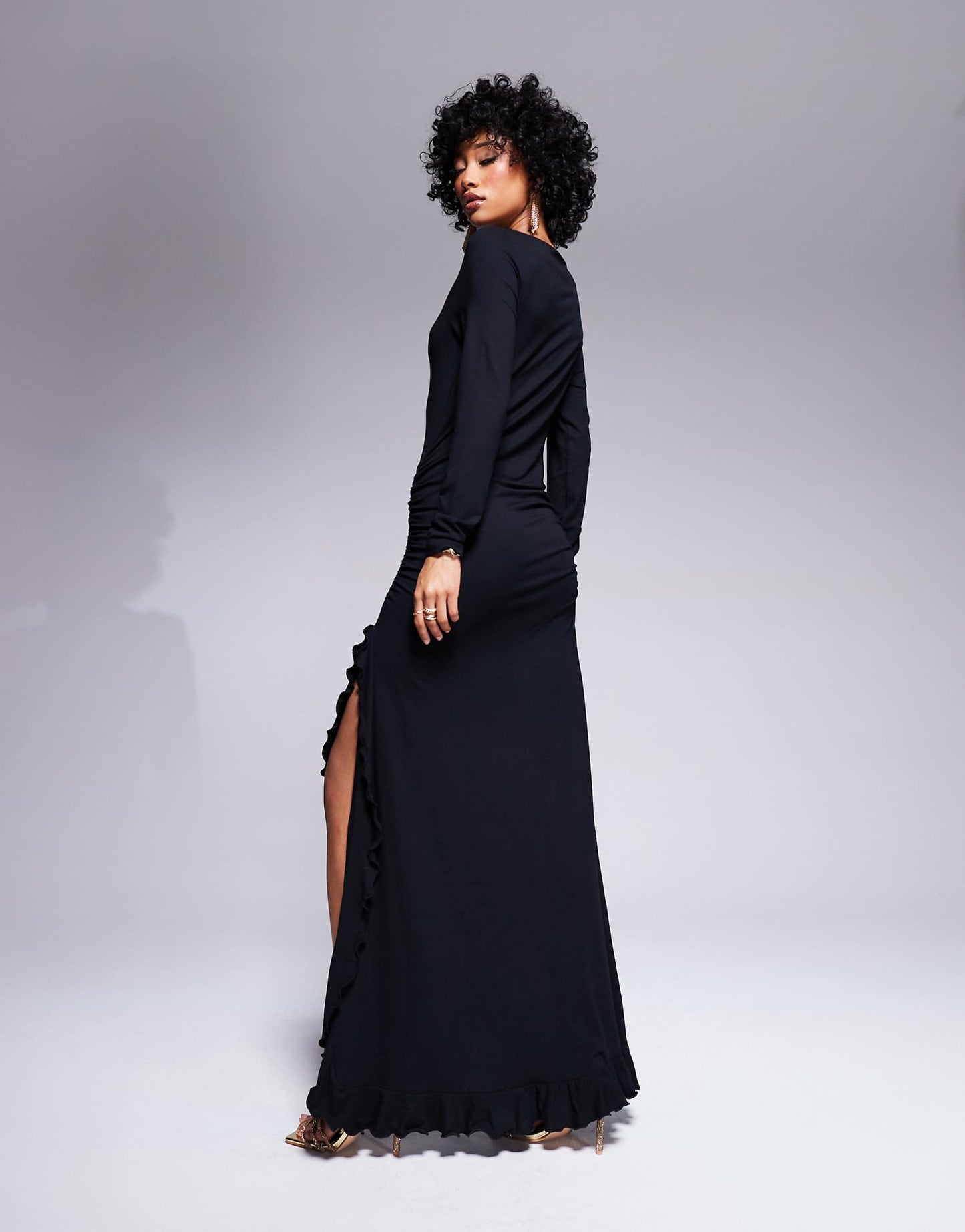 Long Sleeve Ruffle Detail Maxi Dress With Full Skirt