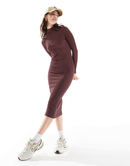 Womens Ribbed Base Long Sleeve Midi Dress