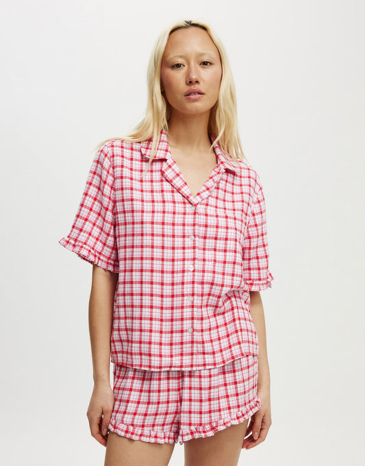 Flannel Short Sleeve Shirt And Short Sleep Set