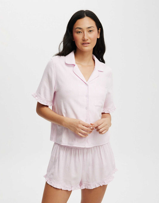 Flannel Short Sleeve Shirt And Short Sleep Set