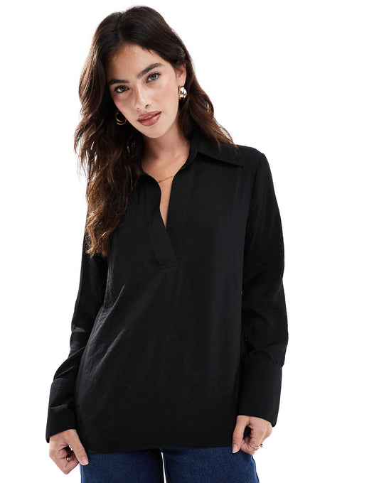 Collar Detail Long Sleeve V-Neck Relaxed Shirt