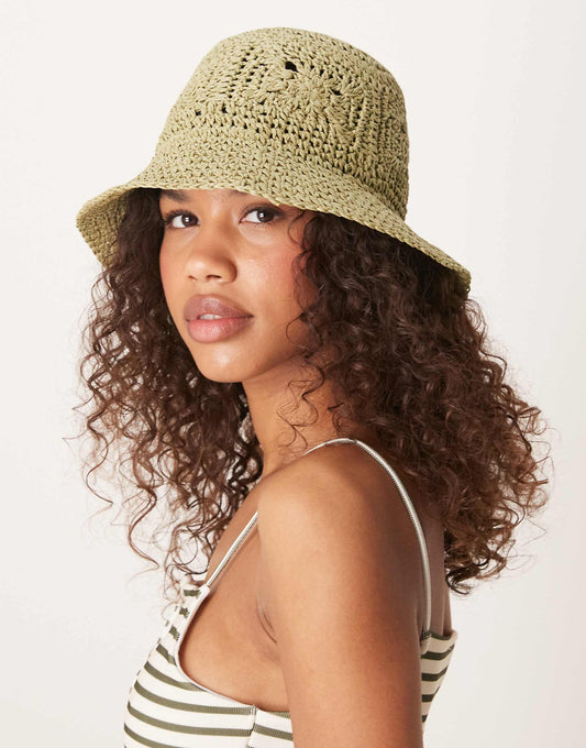 Straw Packable Floral Crochet Bucket Hat