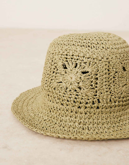 Straw Packable Floral Crochet Bucket Hat
