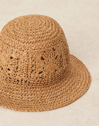 Straw Packable Floral Crochet Bucket Hat