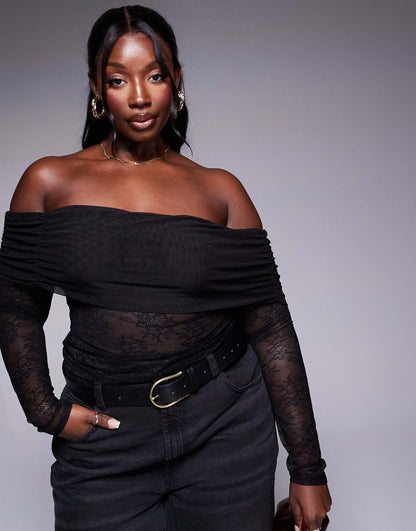 Curve Lace Top With Mesh Fold Over Bardot