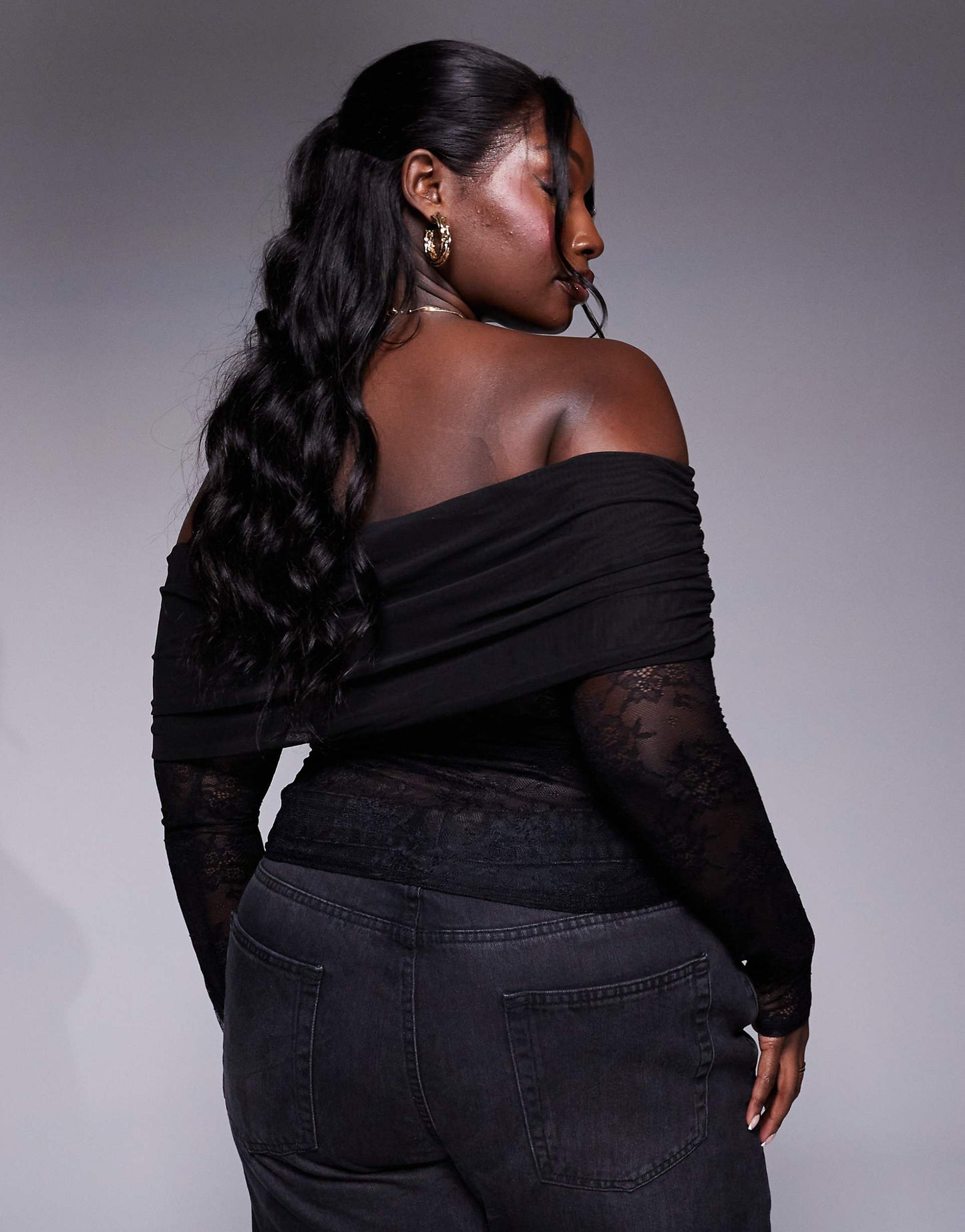 Curve Lace Top With Mesh Fold Over Bardot