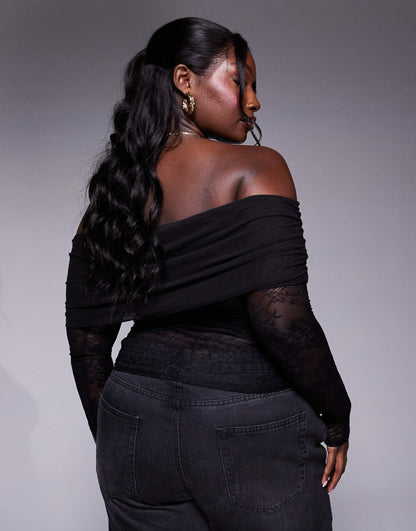 Curve Lace Top With Mesh Fold Over Bardot