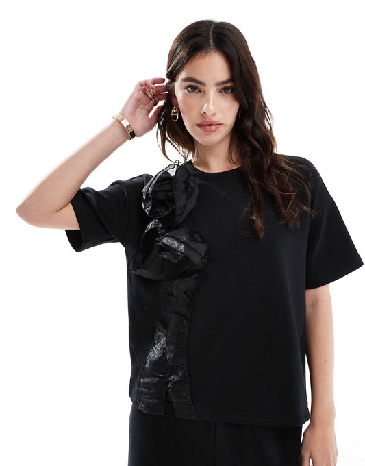 3D Rose Applique Short Sleeve Sweat T-Shirt Co-Ord