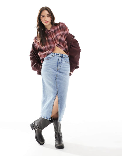 Denim Midi Skirt With Tie Waist