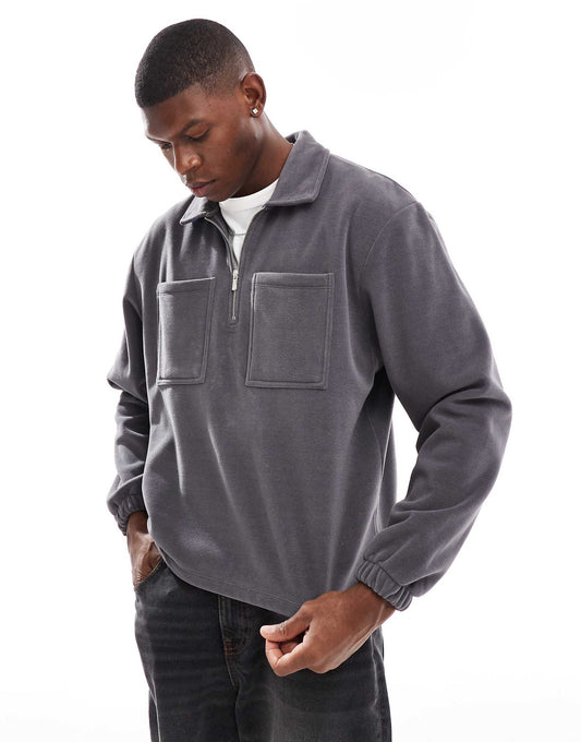 Oversized Boxy Fleece Polo Sweatshirt