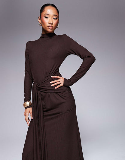 Supersoft Ribbed Tie Front Rib Midi Dress