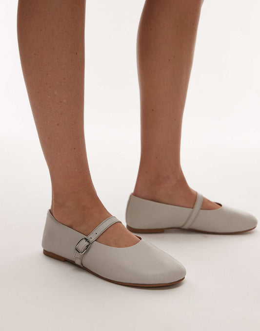 Ash Leather Ruched Ballet Flat Shoes With Buckle
