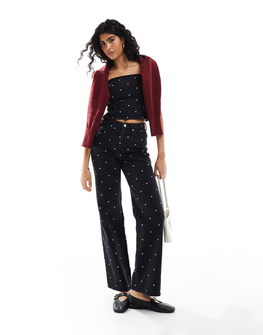 Tessa Wide Leg Jeans With Embroidered Spot Detail Co-Ord