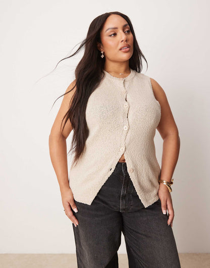 Curve  Knitted Crew Neck Longline Boucle Waistcoat