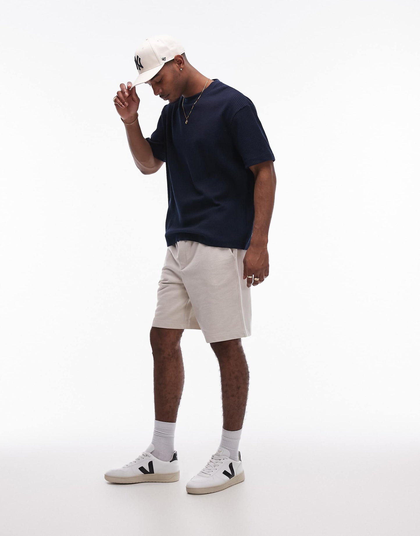 Oversized Fit Waffle T-Shirt Navy