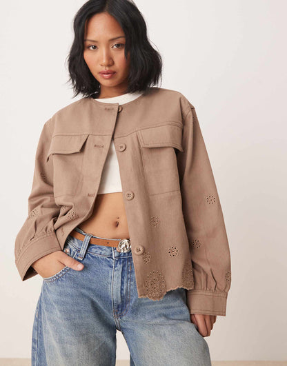 Petite Collarless Twill Broderie Jacket