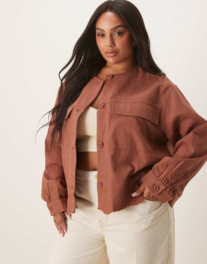 Curve Collarless Twill Broderie Jacket