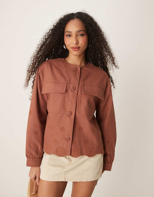 Collarless Twill Broderie Jacket