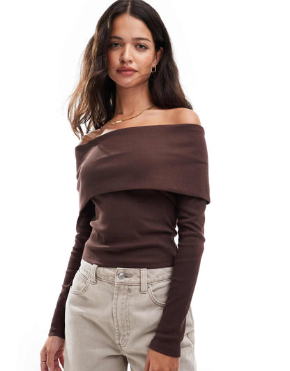 Rib Deep Fold Over Bardot Top