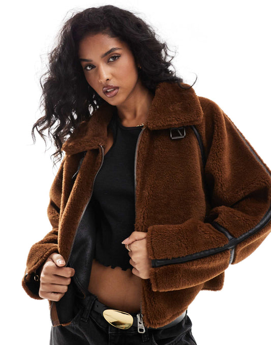 Shearling Jacket With Faux Leather Seam Detail