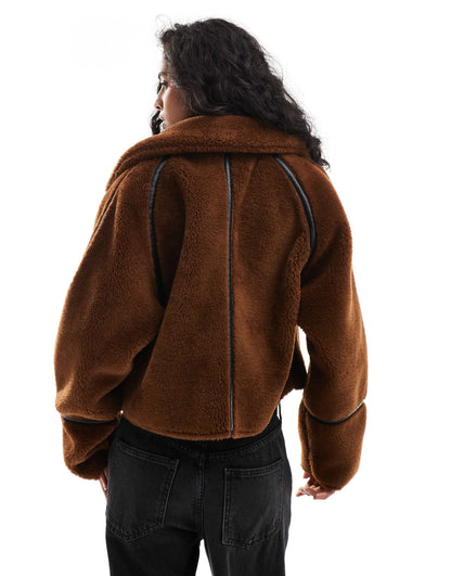 Shearling Jacket With Faux Leather Seam Detail