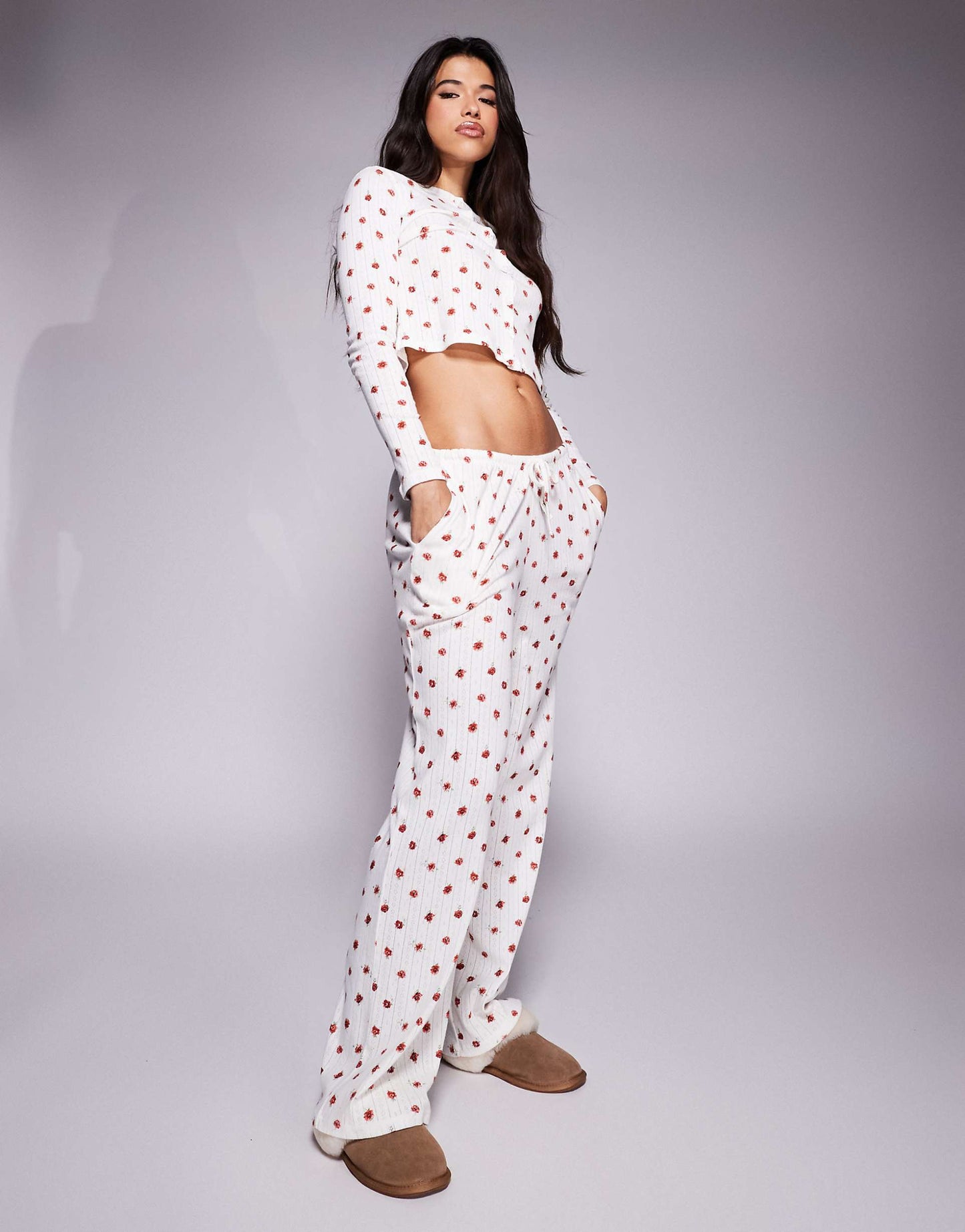 Exclusive Cropped Button Through Pointelle Pyjama Top And Bottoms Co-Ord