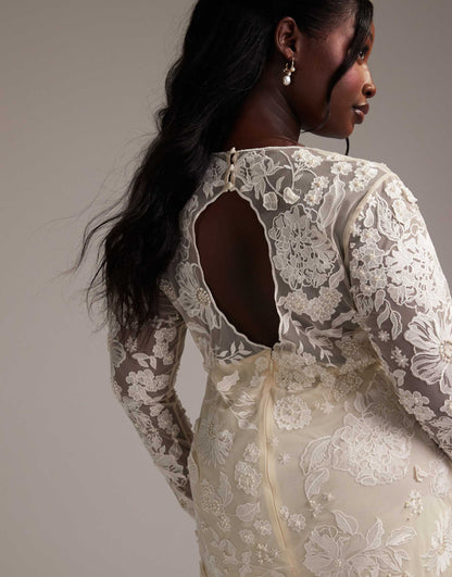 Curve Long Sleeve Embroidered Mini Wedding Dress