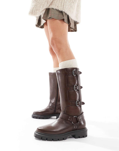 Mauley' Lotus High-Ankle Anti Slip Heel Leather Mid Calf Boots