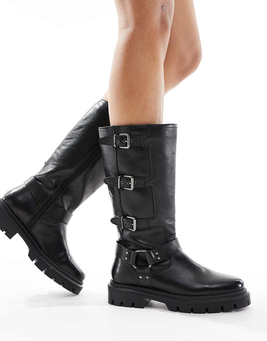 Mauley' Lotus High-Ankle Anti Slip Heel Leather Mid Calf Boots